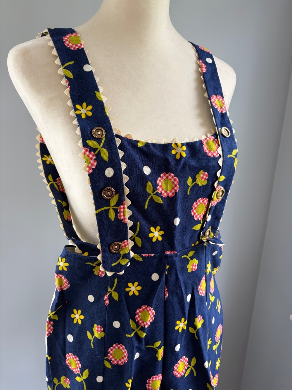 Cottagecore, Retro-Vintage, 70s Boho, sunflower polka dot overalls - Picture 4 of 15